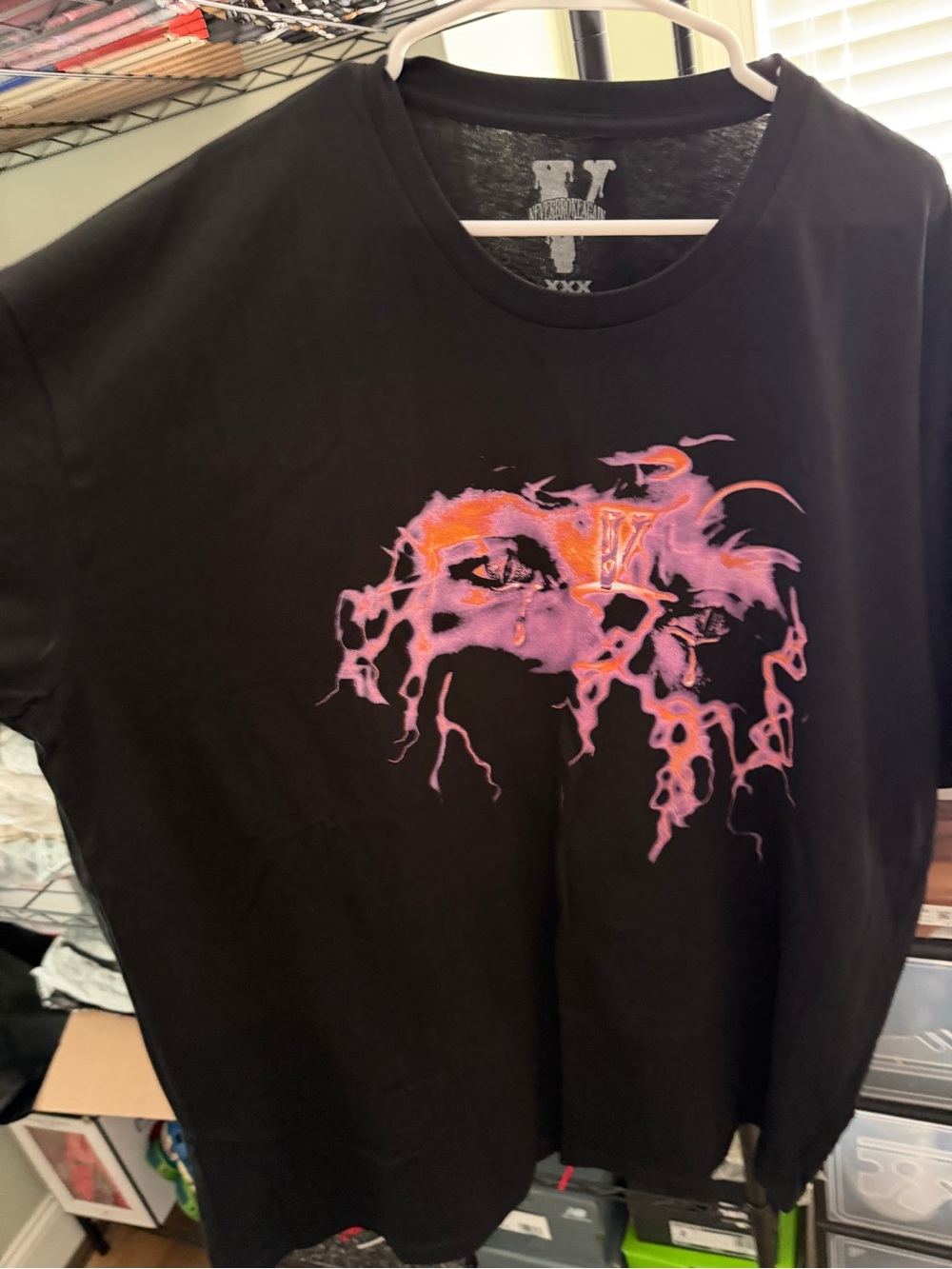 VLONE Black Tee with Pink & Orange Drip Graphic